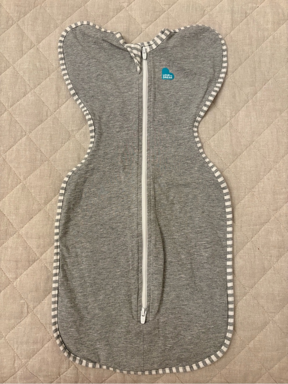 Love to Dream Gray Swaddle Sleep Sack with White Zip and Striped Trim